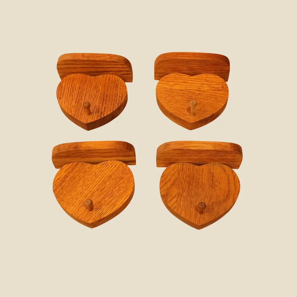 Vintage Wood Heart Wall Hooks Set of 4 Rustic Farmhouse‎ Key Jewelry Hangers